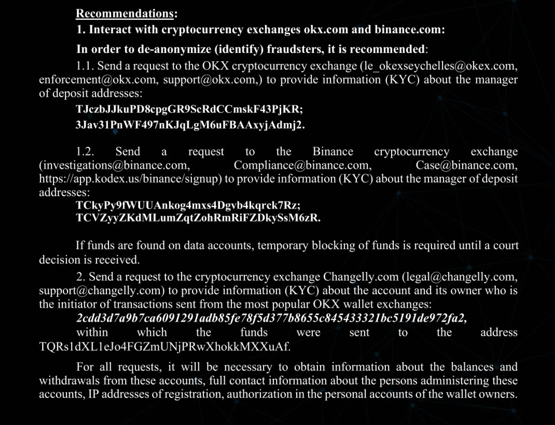 Visualization of stolen asset movement and connections to cryptocurrency exchanges