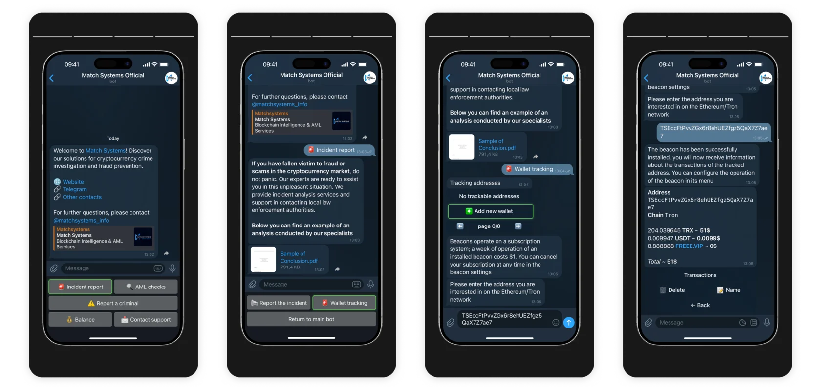 Wallet tracking in the Match Systems Telegram bot
